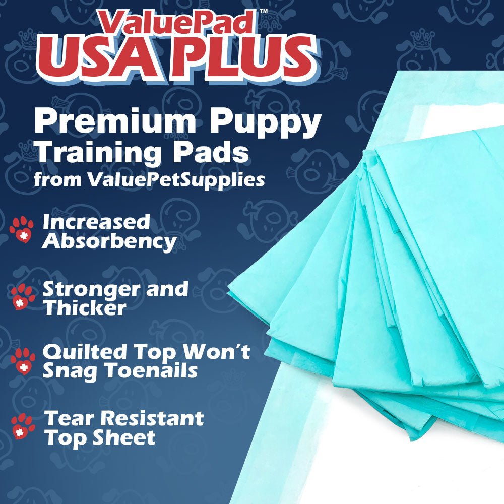 ValuePad USA Plus Puppy Pads, Large 28x30 Inch, 100 Count BULK PACK - Premium Puppy Pee Pads for Dogs, American Made Puppy Pads, Tear Resistant, Super Absorbent Polymer Gel Core, 5-Layer Design