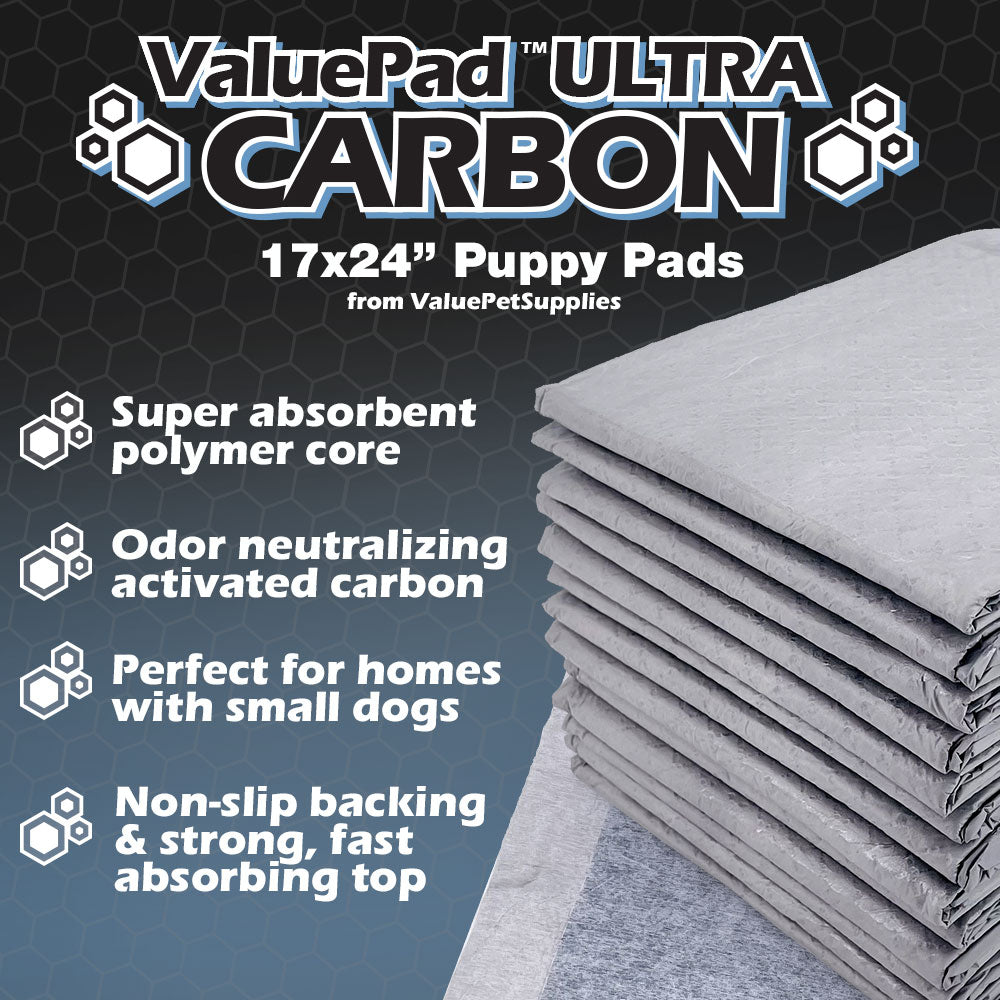 ValuePad Ultra Carbon Puppy Pads, Small 17x24 Inch, 300 Count - Super Premium Puppy Pee Pads for Dogs, Activated Charcoal, Fast Absorbing Top Sheet, Super Absorbent Gel Core, 5-Layer Design
