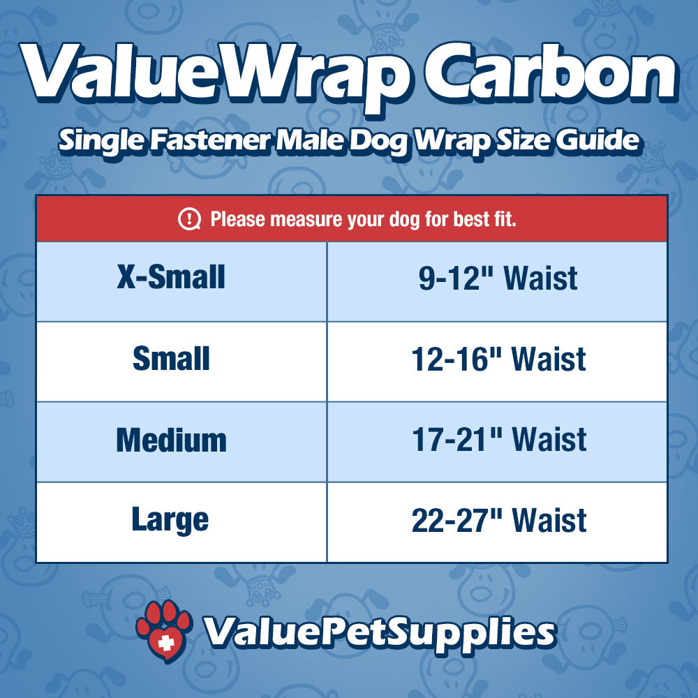 ValueWrap Male Wraps, Disposable Dog Diapers, Carbon, 1-Tab Small, 288 Count BULK PACK - Activated Charcoal, Snag-Free Fastener, Leak Protection, Wetness Indicator