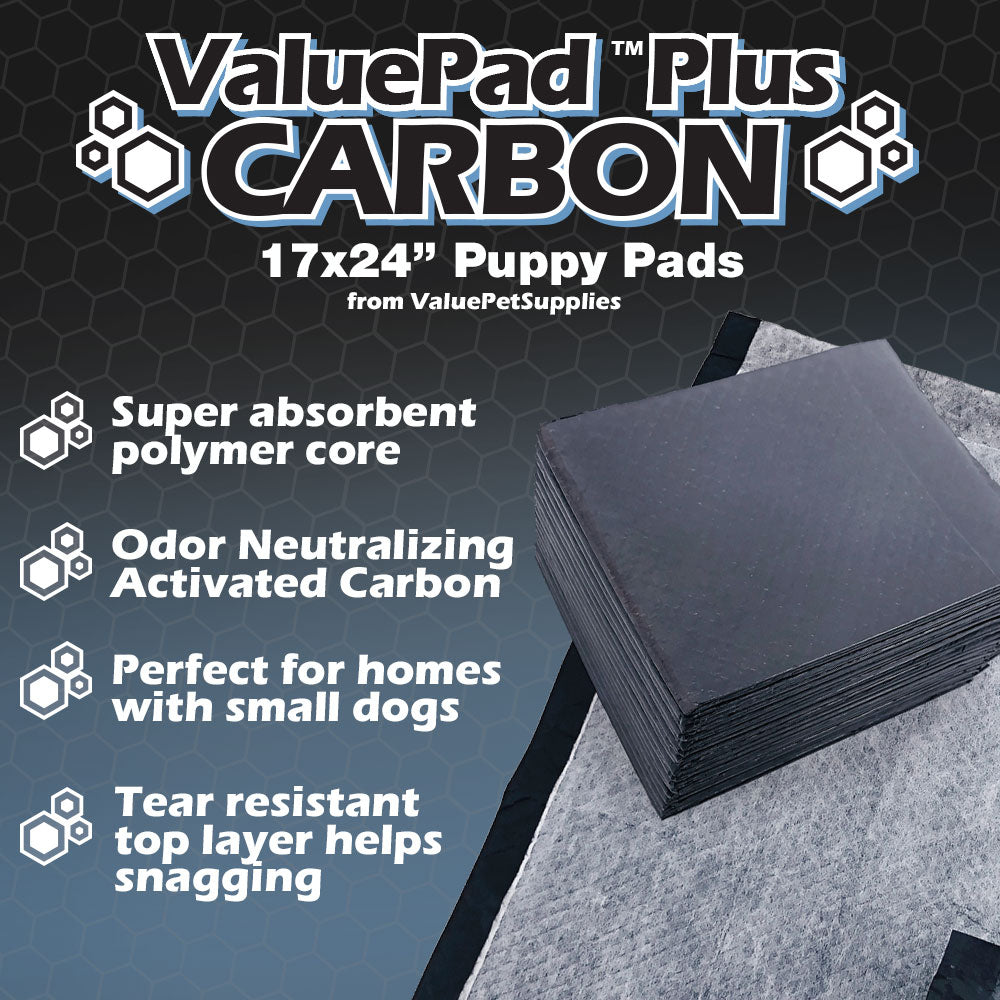 ValuePad Plus Carbon Puppy Pads, Small 17x24 Inch, 300 Count - Premium Pee Pads for Dogs, Activated Charcoal Odor Control, Super Absorbent Polymer Gel Core, 5-Layer Design